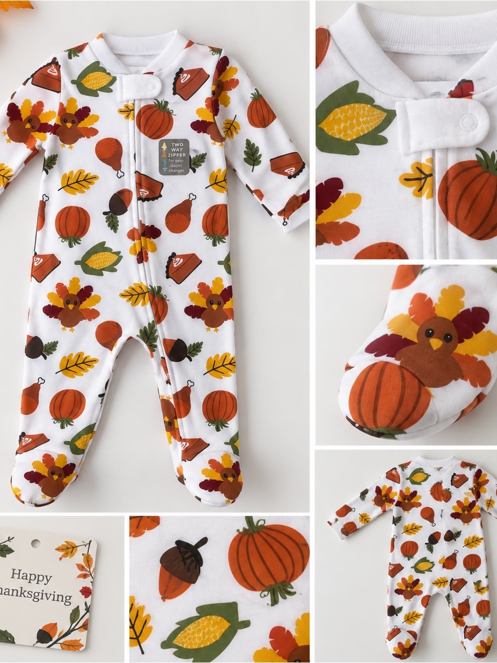 Unbranded White Fall Harvest Baby One-Piece Footed Pajamas